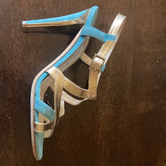 Jimmy Choo. 4” Teal-Gold. Metallic. Adjustable strap. Comfortable. Size 37 - Picture 8 of 10